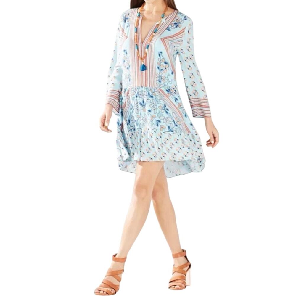 BCBGMAXAZRIA Dahlia Tunic Dress Light Azure Combo Boho Print Medium